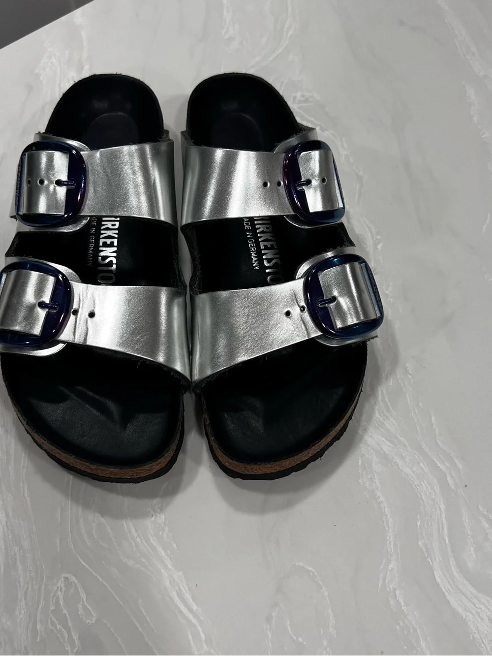 Birkenstock Arizona Big Buckle Slide Sandals Silver Metallic Leather Women's 37